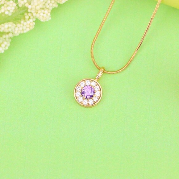 "Round Purple Crystal Pendant in Rose Gold with Halo, XPPT1590 - Picture 2 of 13